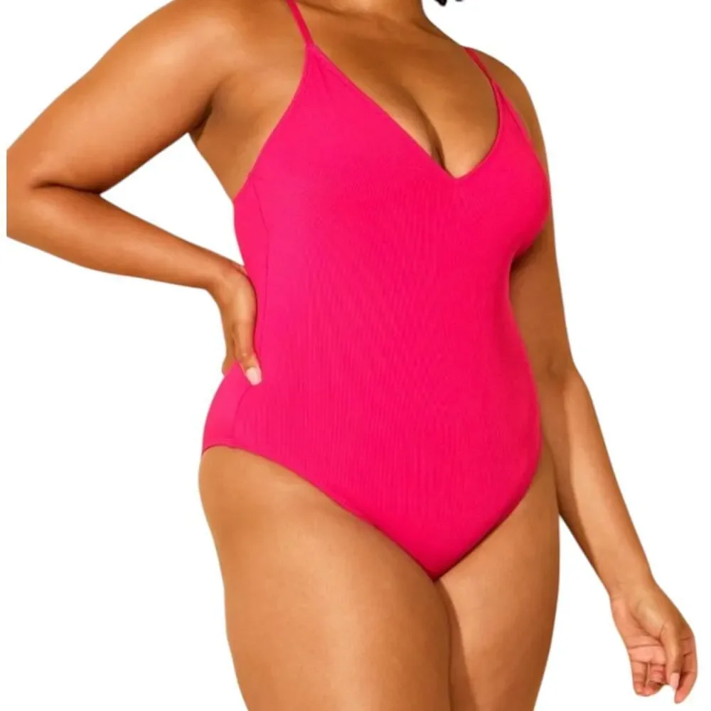 Shade & Shore Pink One Piece Swimsuit Medium Cross Back V Neck